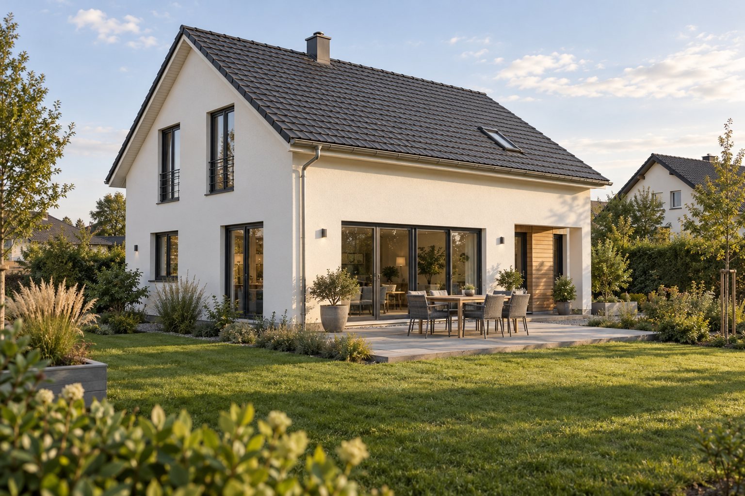 Helles Einfamilienhaus mit Satteldach, Terrasse und Garten als Inspiration für die Hausplanung